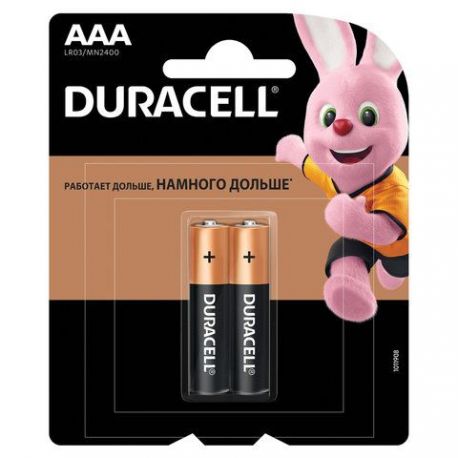 Батарейки КОМПЛЕКТ 2 шт., DURACELL Basic, AAA (LR03, 24А), алкалиновые
